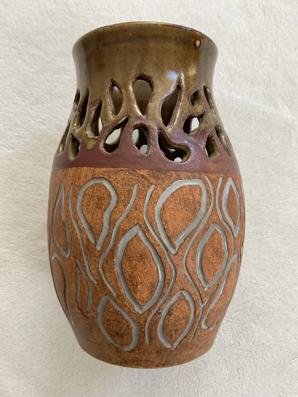 Vintage Signed Studio Pottery Pierced Art Vase Handmade Ceramic 8” Brutalist